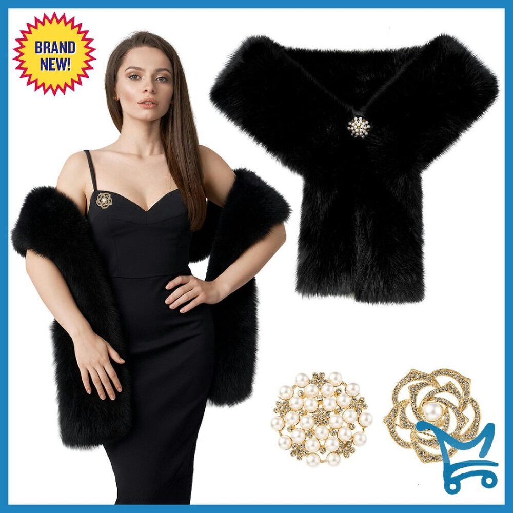 Long Faux Fur Scarf Wrap With Pearl Rhinestone Brooches Wedding Accessory